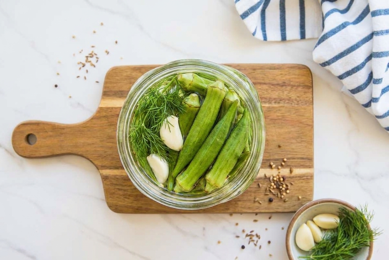 Whole okra pods packed into a wide-mouth mason jar with dill sprigs and garlic cloves visible.