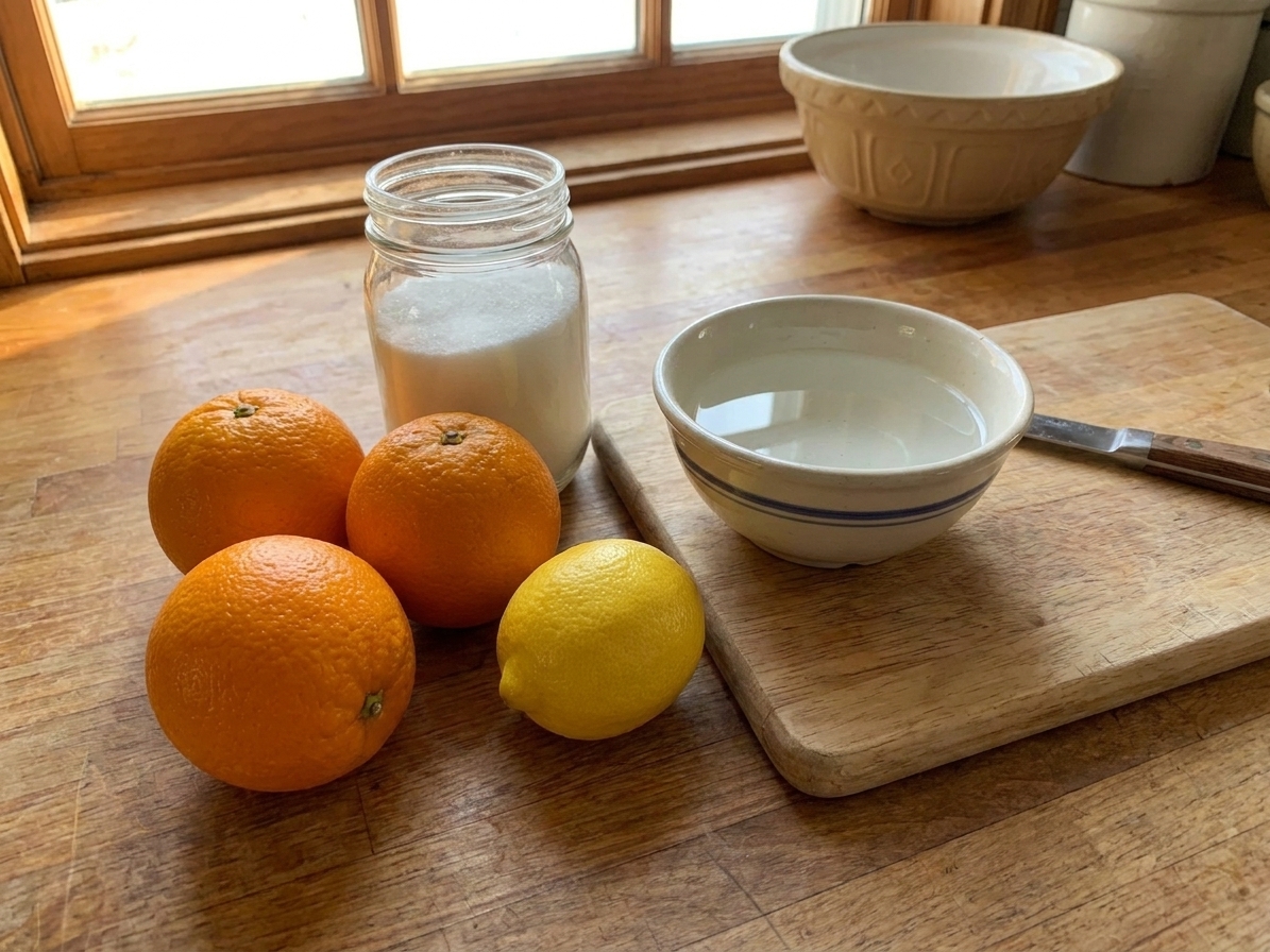 Whole oranges, a lemon, granulated sugar, and a bowl of water arranged on a clean kitchen counter, ready for marmalade