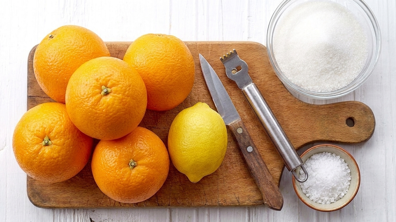 Whole oranges, a lemon, granulated sugar, and a small bowl of salt arranged on a clean kitchen counter