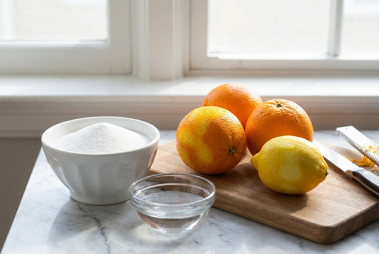 Whole oranges, a lemon, sugar, and a small bowl of water arranged and ready to start a marmalade batch