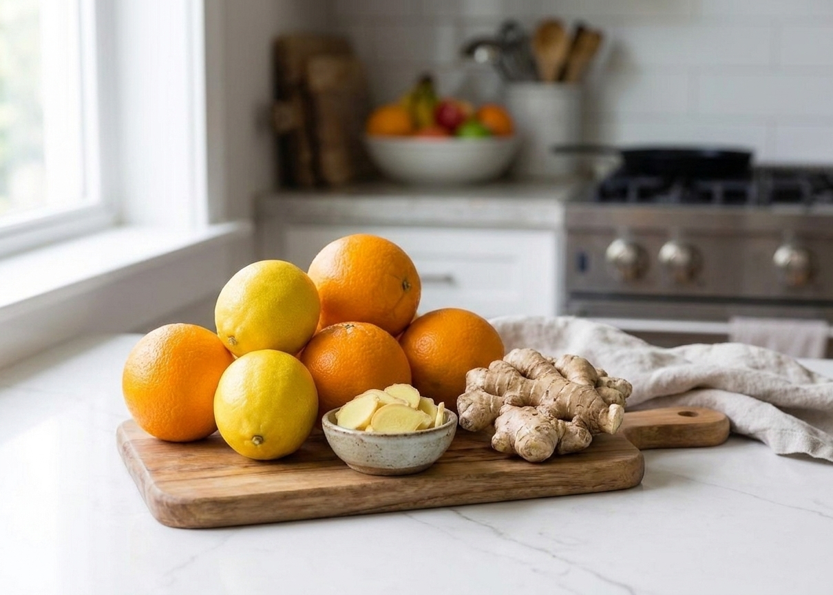 Whole oranges, lemons, fresh ginger, and a small bowl of peeled ginger slices arranged on a clean kitchen counter in natural light