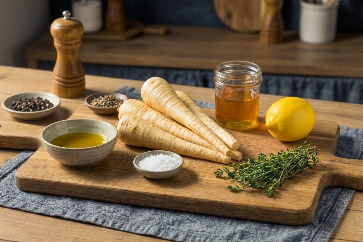 Whole parsnips, a small bowl of olive oil, salt, black pepper, honey, a lemon, and fresh thyme arranged on a clean cutting board