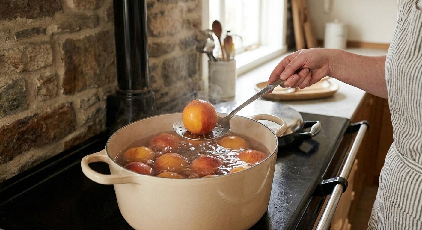 Whole peaches briefly boiling in a pot of water on a stovetop with a slotted spoon