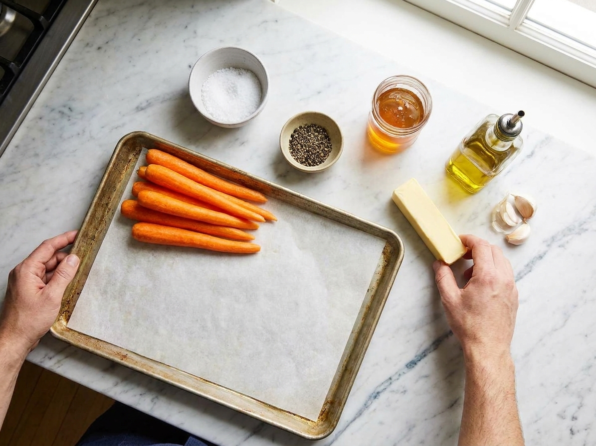 Whole peeled carrots, olive oil, salt, pepper, garlic, honey, and butter arranged on a light kitchen counter with a rimmed sheet pan nearby
