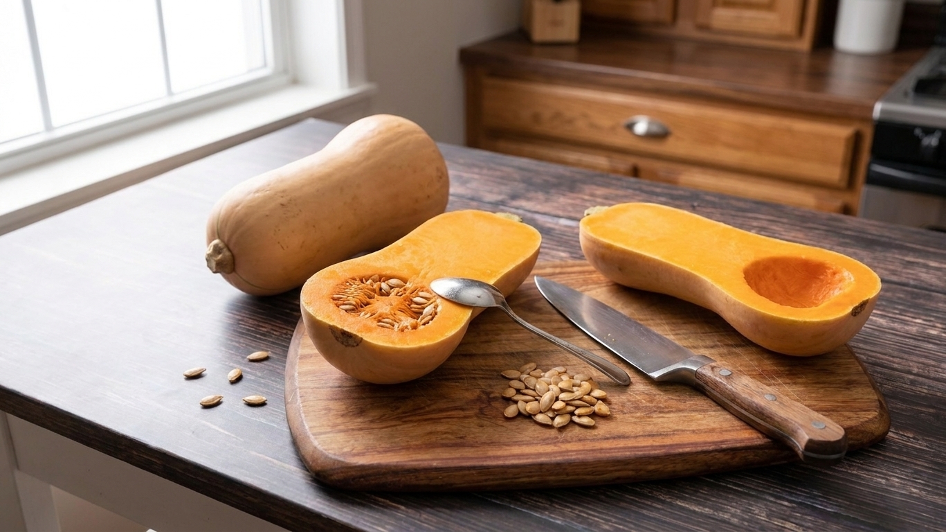 Whole pepper squash and two halved pepper squash pieces on a clean kitchen counter next to a chef's knife and a spoon, bright natural light