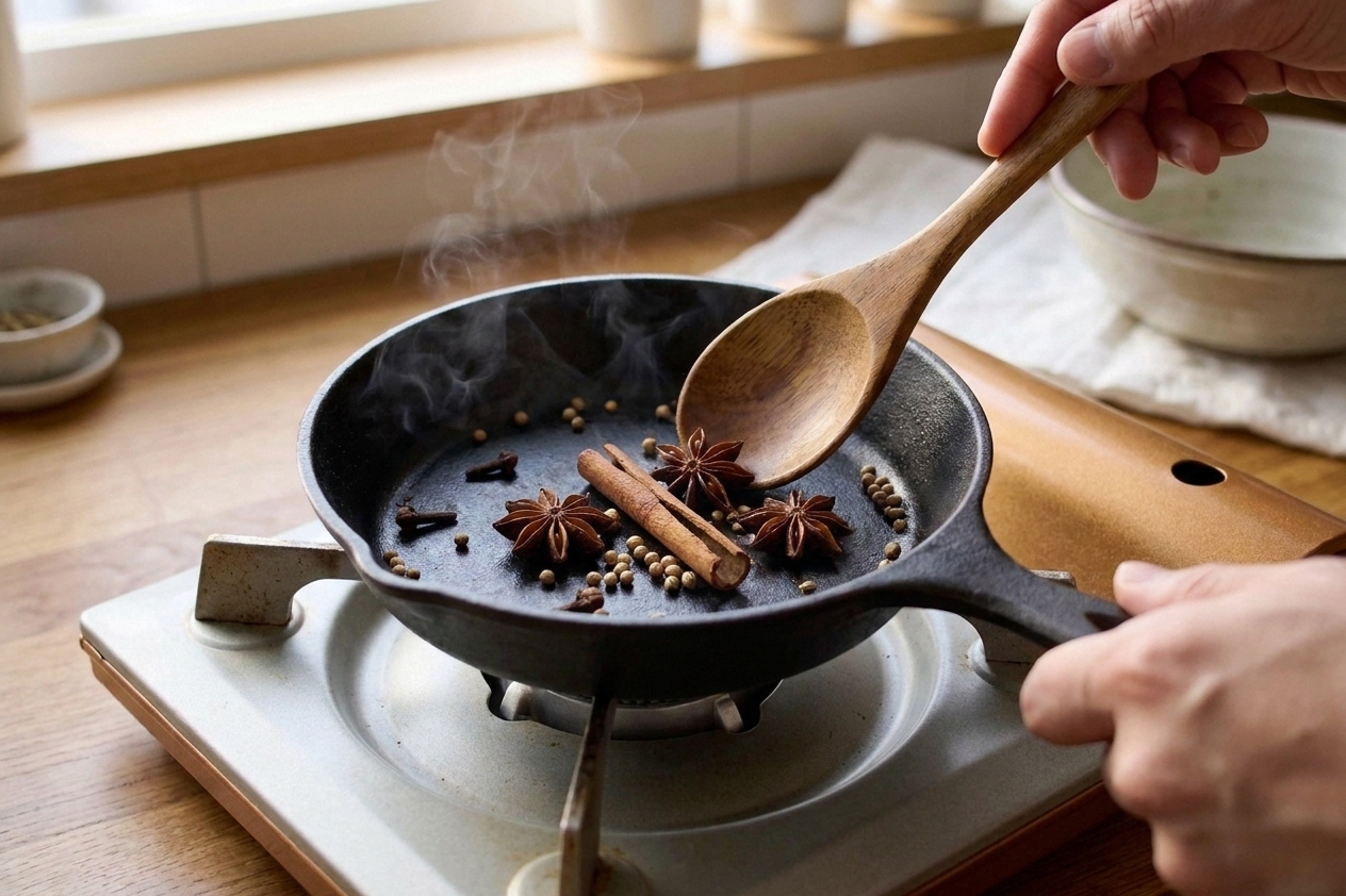 Whole pho spices like star anise, cinnamon stick, cloves, and coriander seeds toasting in a small dry skillet on a stovetop