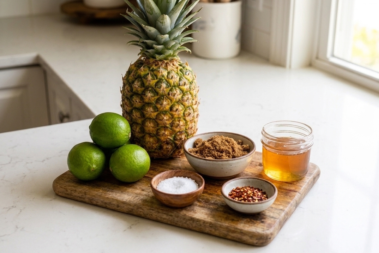 Whole pineapple, limes, honey, brown sugar, kosher salt, and chili flakes arranged on a light kitchen counter with a cutting board