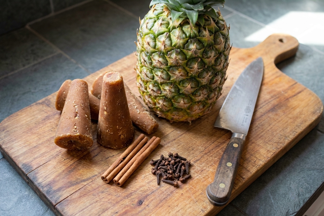 Whole pineapple, piloncillo cones, cinnamon sticks, cloves, and a knife arranged on a wooden cutting board on a bright kitchen counter