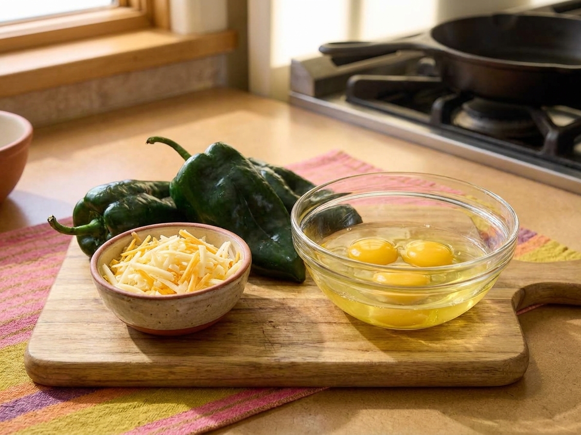 Whole poblano peppers, a bowl of shredded cheese, and cracked eggs in a small bowl arranged on a home kitchen counter