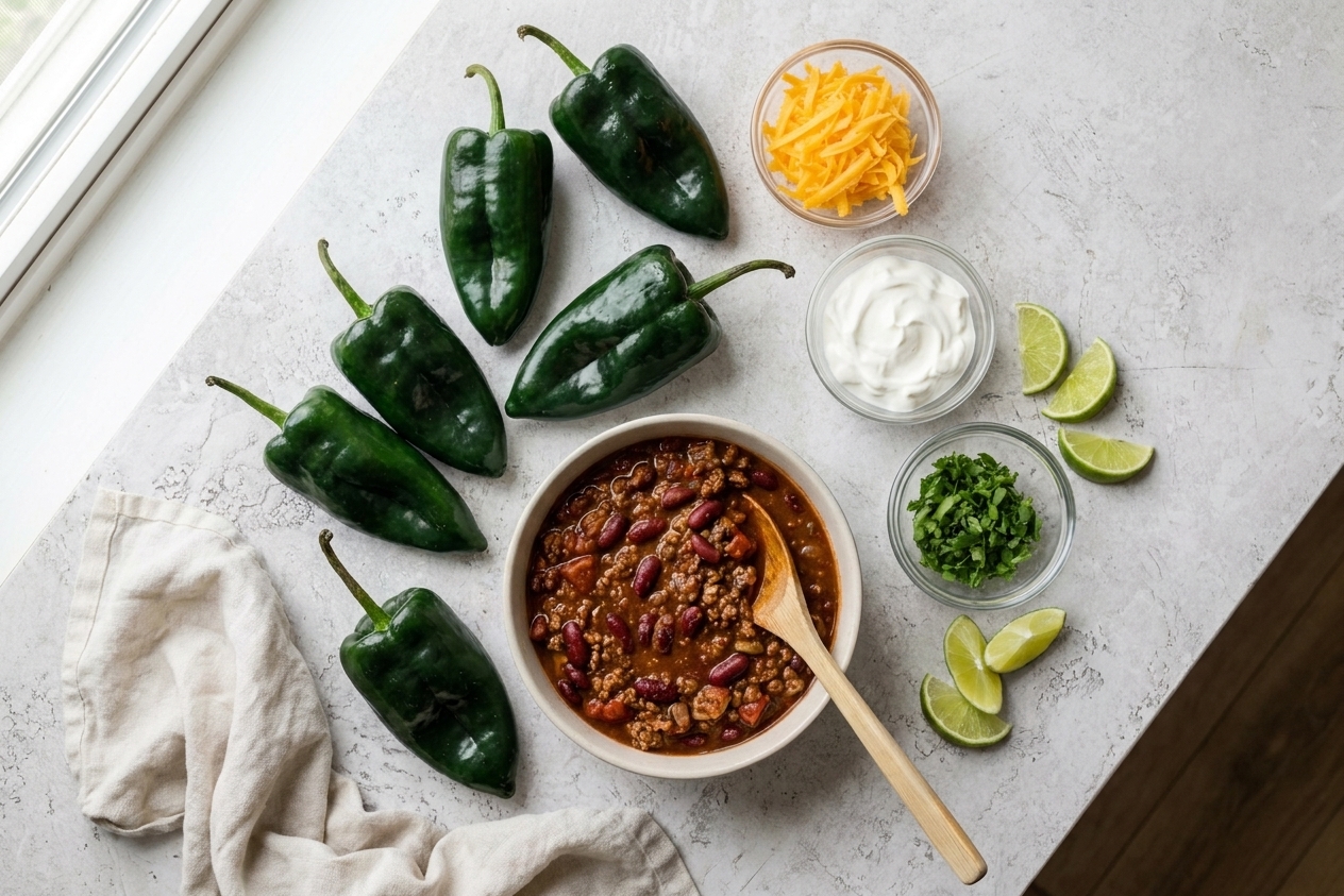 Whole poblano peppers, shredded cheese, a bowl of chili, sour cream, cilantro, and lime arranged on a clean kitchen counter in natural light