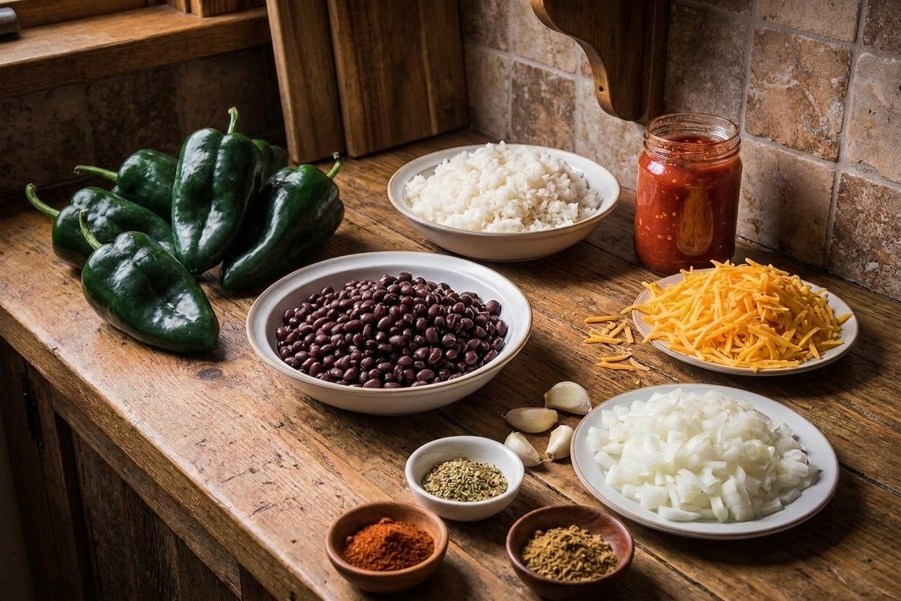 Whole poblano peppers with shredded cheese, cooked rice, black beans, salsa, onion, garlic, and spices arranged on a tidy kitchen counter under warm lighting