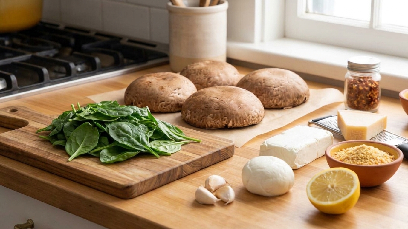 Whole portobello mushroom caps, fresh spinach, cream cheese, parmesan, mozzarella, garlic, lemon, and breadcrumbs arranged on a clean kitchen counter under soft natural light