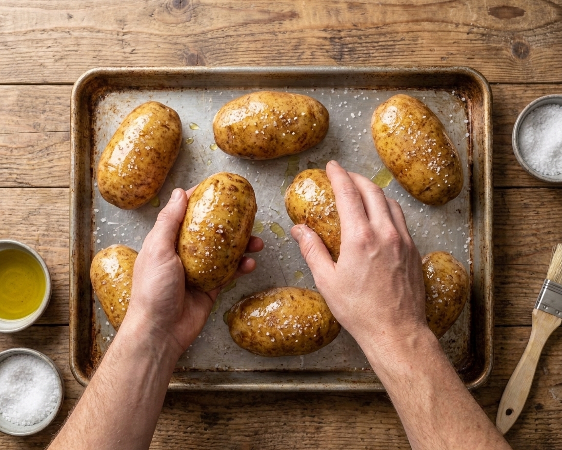 Whole potatoes being rubbed with olive oil and sprinkled with kosher salt on a rimmed baking sheet