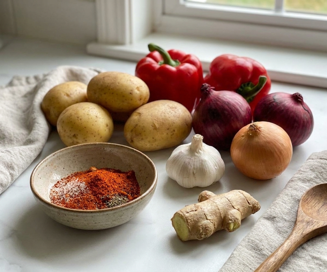 Whole potatoes, red bell peppers, onions, garlic, ginger, and a small bowl of spices arranged on a light kitchen counter in natural window light