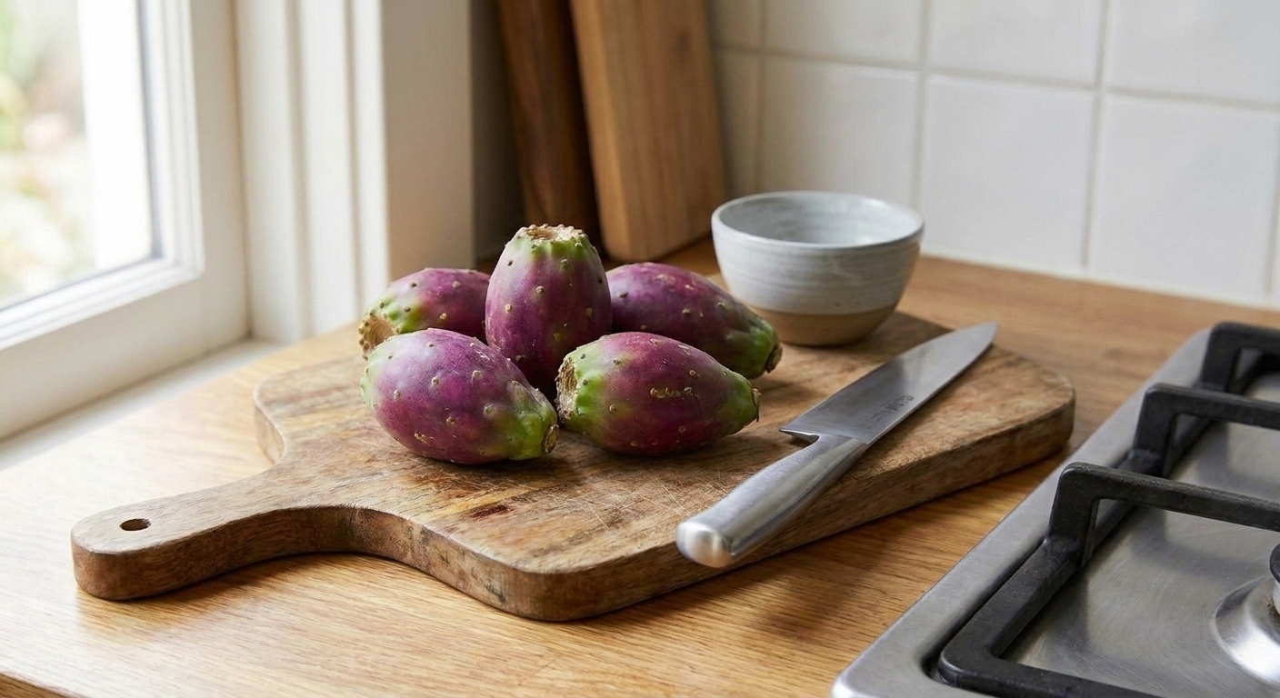 Whole prickly pear fruits on a wooden cutting board with a knife and a bowl, set on a bright kitchen counter