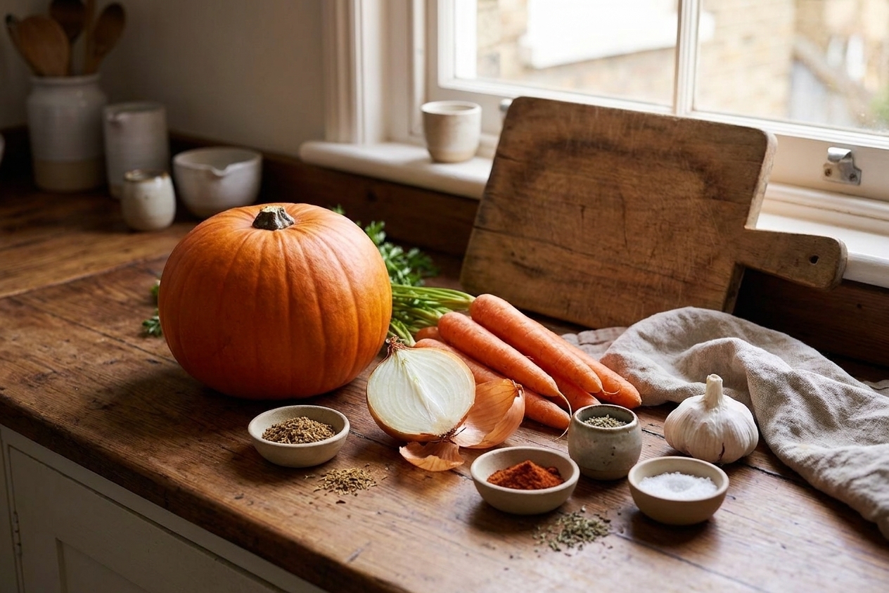 Whole pumpkin, carrots, onion, garlic, and spices arranged on a bright kitchen counter with a cutting board nearby
