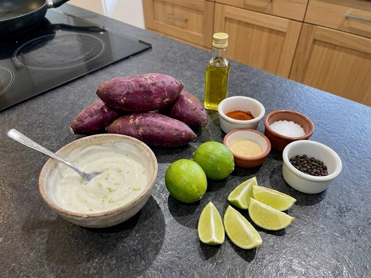 Whole purple kumara, olive oil, smoked paprika, garlic powder, salt, pepper, limes, and a bowl of Greek yogurt arranged on a bright kitchen counter