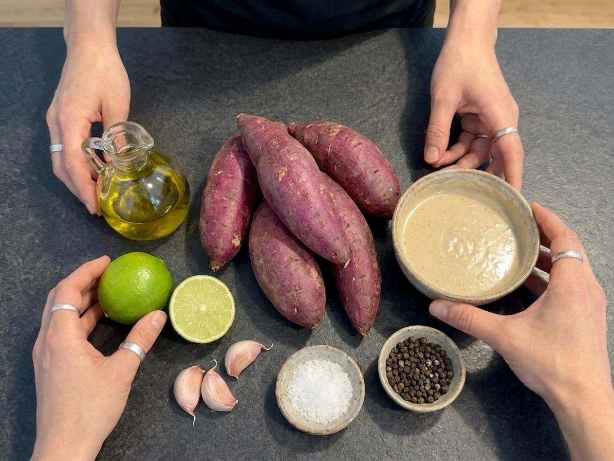 Whole purple sweet potatoes, olive oil, lime, tahini, garlic, salt, and pepper arranged on a kitchen counter