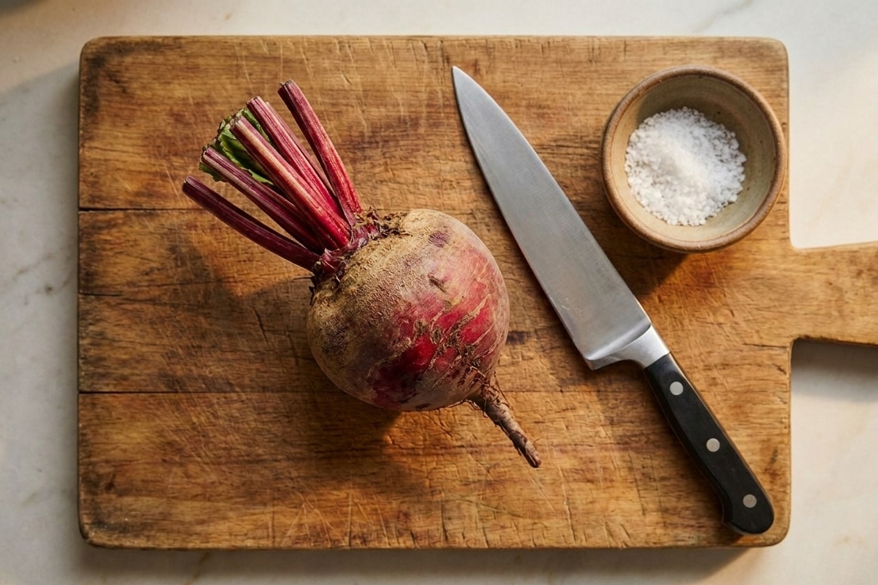Whole raw beetroot with greens trimmed, sitting on a wooden cutting board with a chef's knife and a small bowl of salt