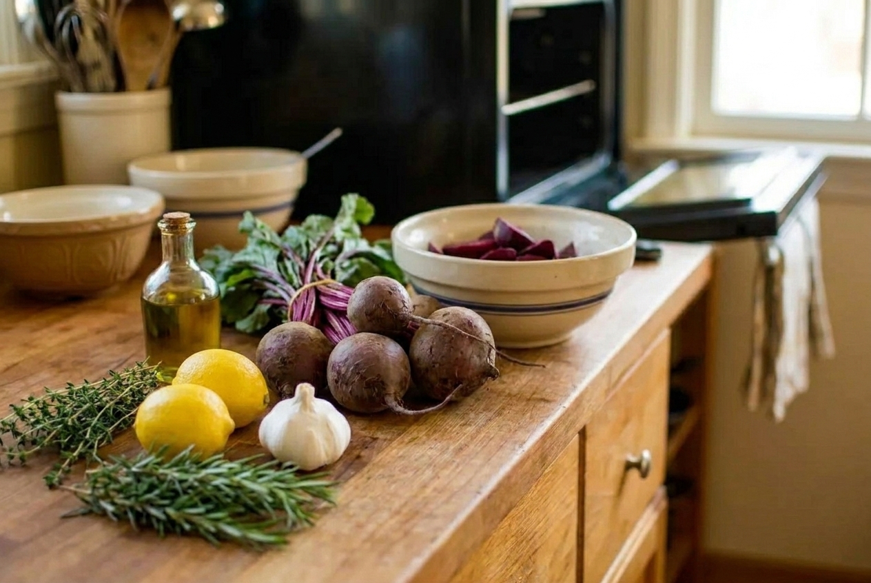 Whole raw beetroots, olive oil, lemons, garlic, and fresh herbs arranged on a clean kitchen counter under soft natural light