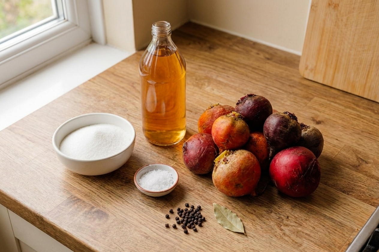 Whole raw beets, a bottle of apple cider vinegar, a bowl of sugar, salt, peppercorns, and a bay leaf arranged on a clean kitchen counter in natural light