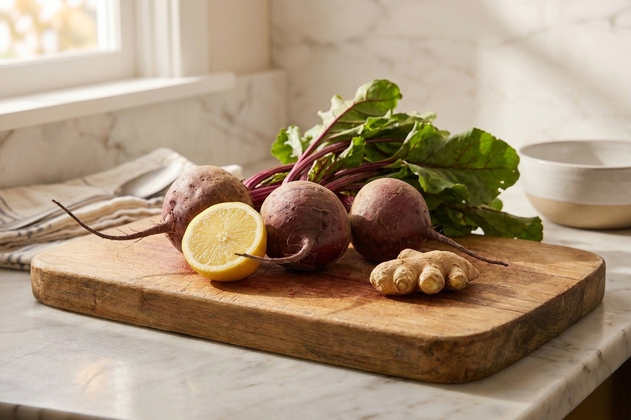Whole raw beets, a lemon, and a knob of fresh ginger arranged on a wooden cutting board on a bright kitchen counter
