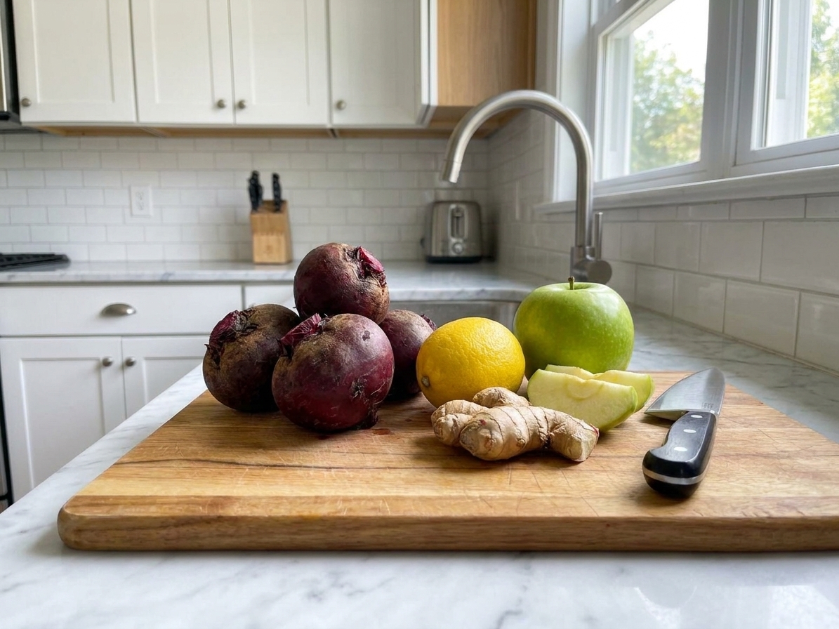 Whole raw beets, a lemon, fresh ginger, and a green apple arranged on a wooden cutting board on a kitchen counter