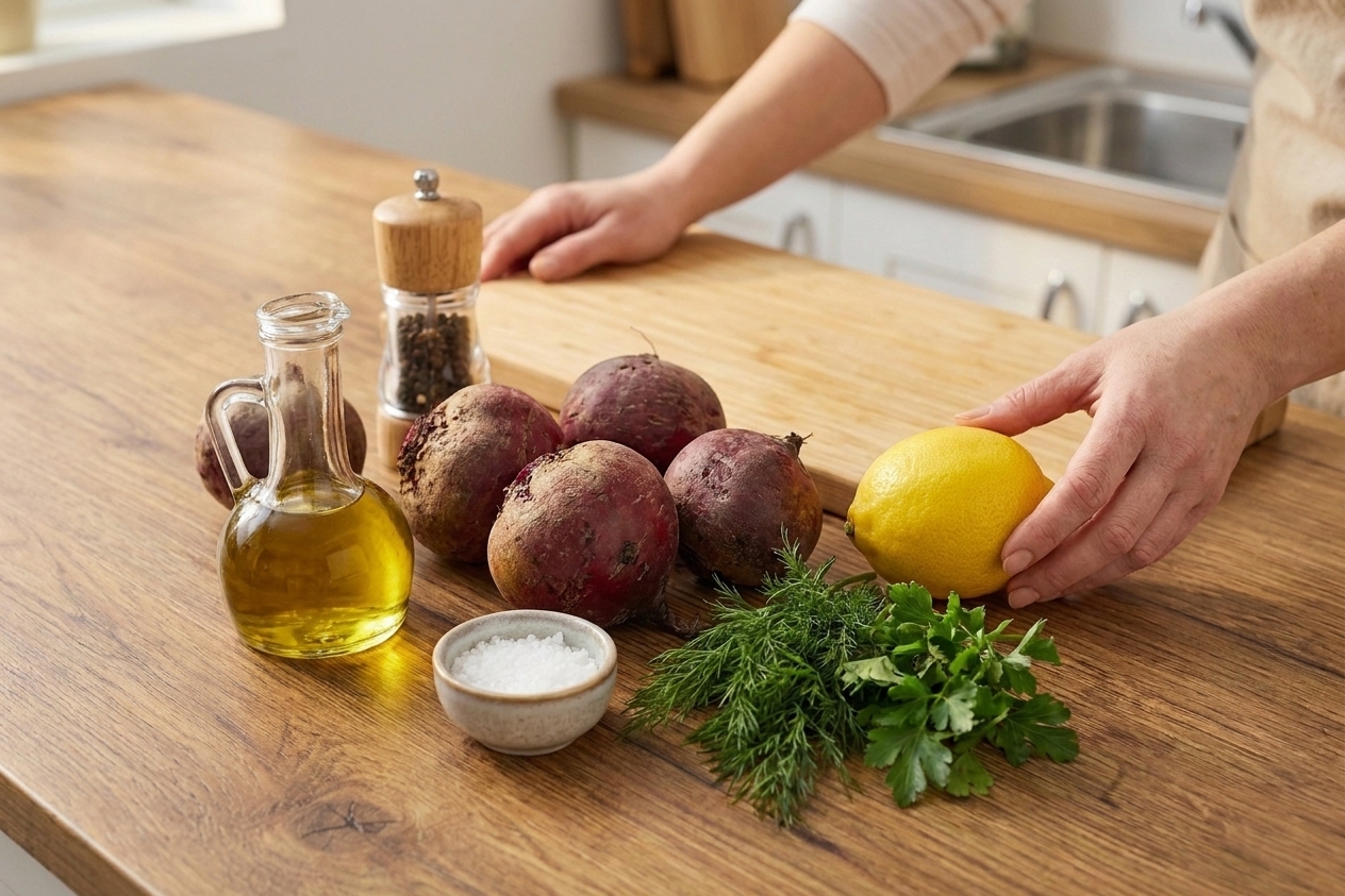 Whole raw beets, olive oil, salt, pepper, a lemon, and fresh herbs arranged on a kitchen counter beside a cutting board