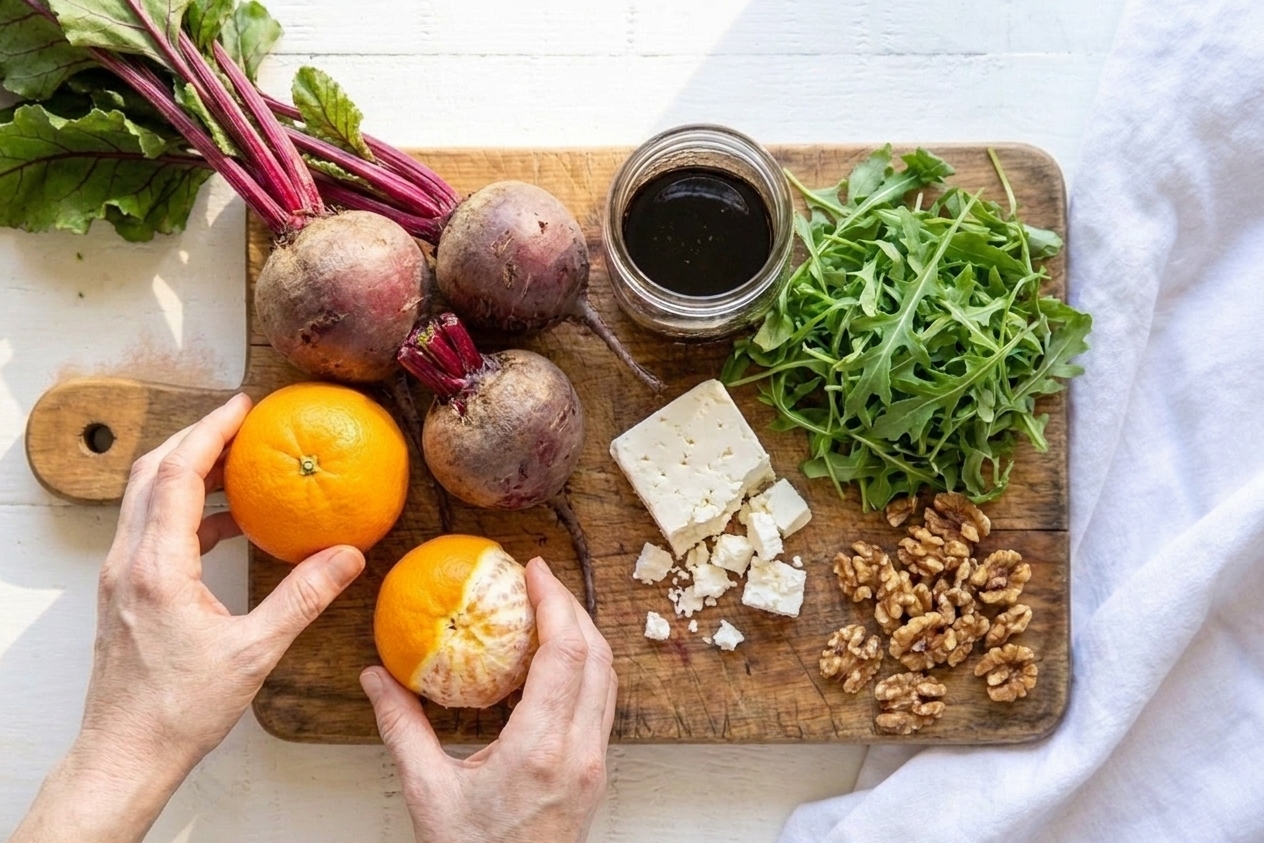 Whole raw beets, oranges, feta, arugula, walnuts, and a small jar of balsamic vinegar arranged on a wooden cutting board on a kitchen counter