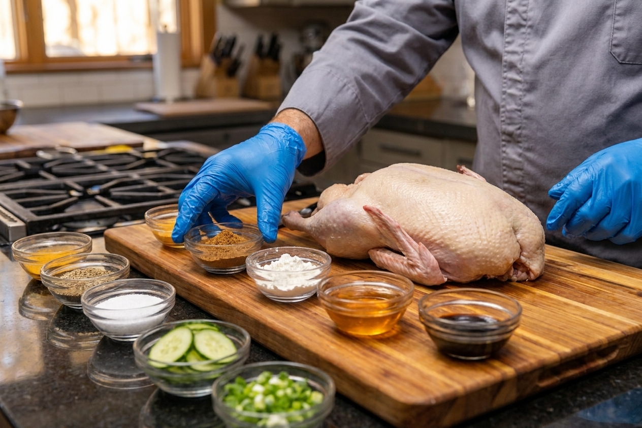 Whole raw duck on a cutting board with small bowls of salt, five-spice, cornstarch, honey, soy sauce, cucumber, and scallions arranged on a bright kitchen counter