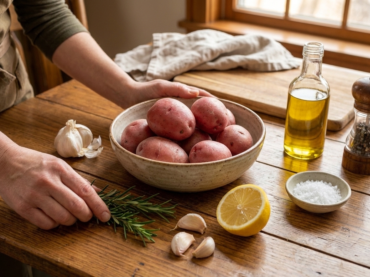 Whole raw scarlet potatoes in a ceramic bowl with garlic cloves, a lemon, rosemary sprigs, olive oil, salt, and pepper on a tidy kitchen counter