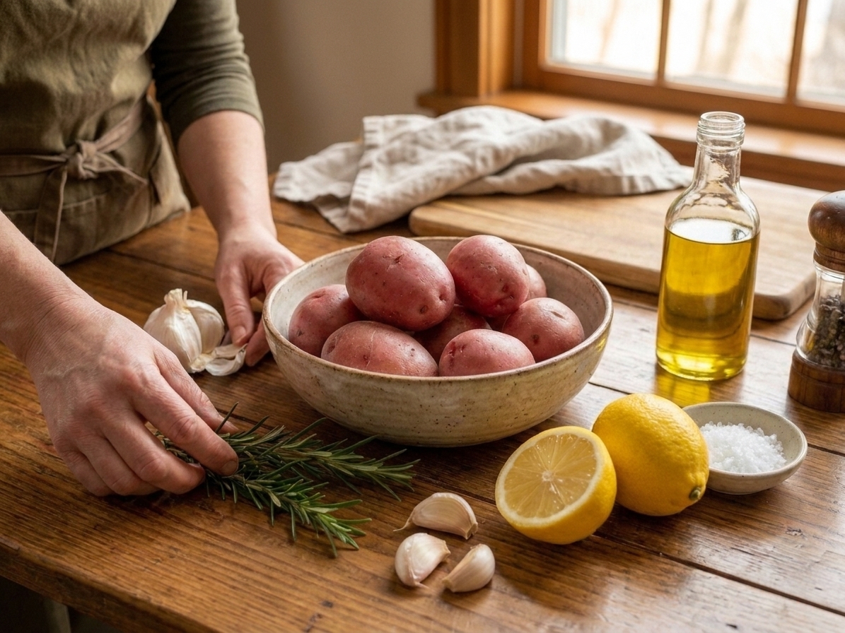 Whole raw scarlet potatoes in a ceramic bowl with garlic cloves, a lemon, rosemary sprigs, olive oil, salt, and pepper on a tidy kitchen counter