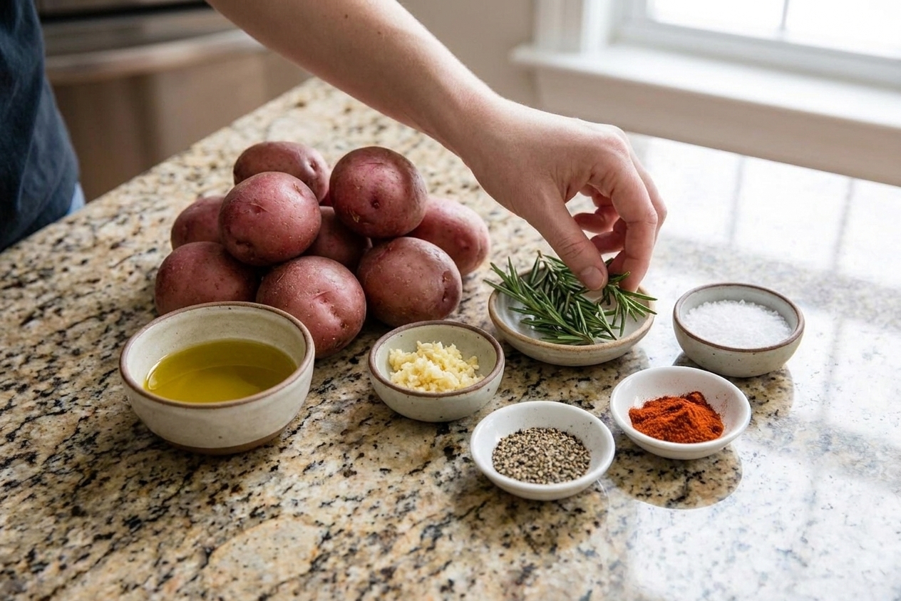 Whole red potatoes, a small bowl of olive oil, minced garlic, rosemary sprigs, kosher salt, black pepper, and paprika arranged on a light kitchen counter