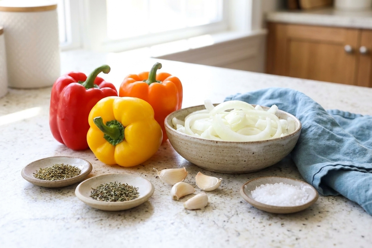 Whole red, yellow, and orange bell peppers with a bowl of sliced onions, garlic cloves, and small bowls of dried herbs and salt on a bright kitchen counter