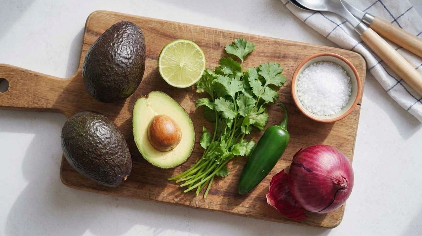 Whole ripe avocados, a halved lime, cilantro, jalapeño, red onion, and a small bowl of kosher salt arranged on a wooden cutting board on a bright kitchen counter