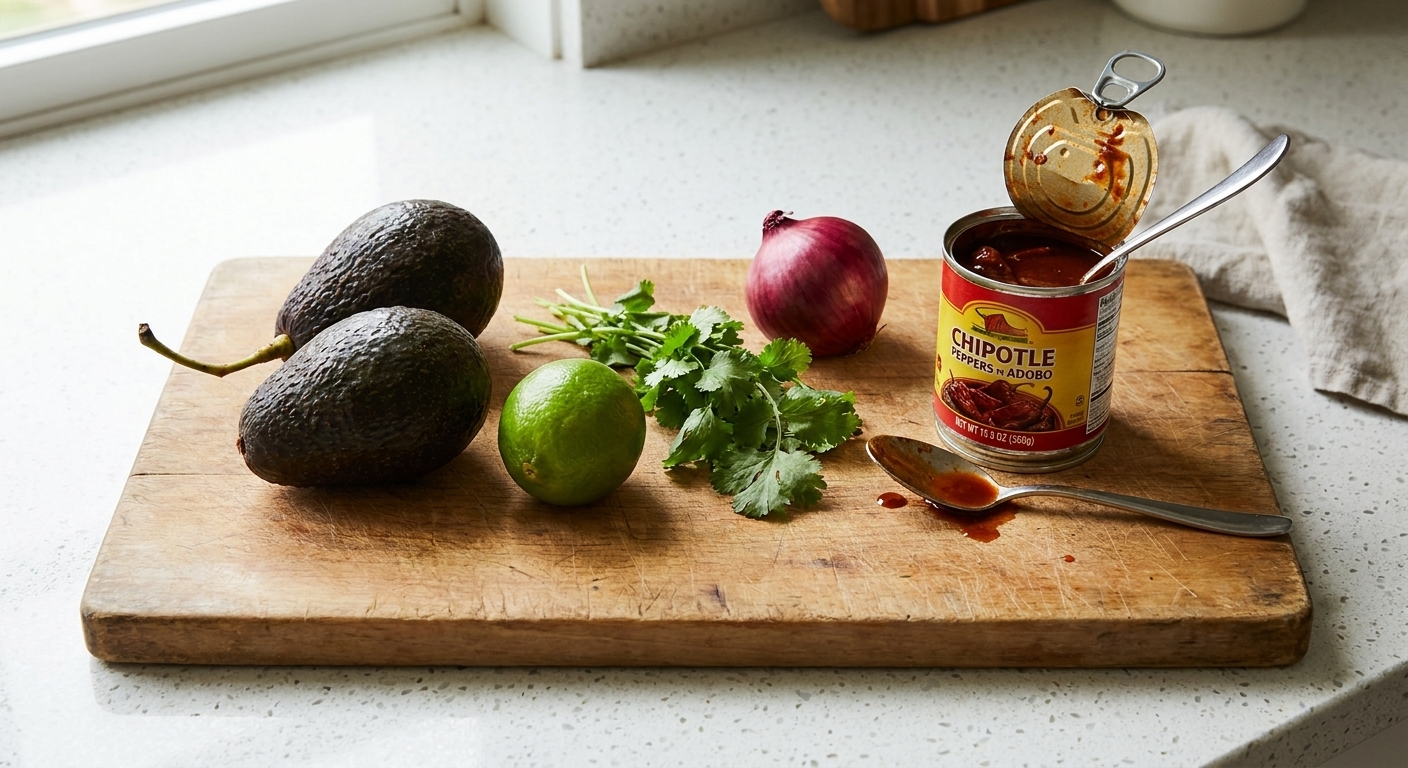 Whole ripe avocados, a lime, cilantro, a small red onion, and a can of chipotle peppers on a wooden cutting board on a home kitchen counter