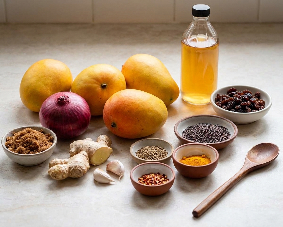 Whole ripe mangos, red onion, fresh ginger, garlic, brown sugar, apple cider vinegar, raisins, and small bowls of spices arranged on a bright kitchen counter