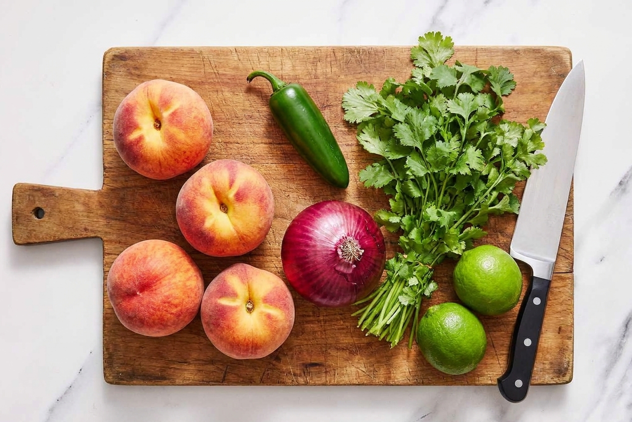 Whole ripe peaches, a jalapeño, red onion, cilantro, and limes arranged on a wooden cutting board in a home kitchen