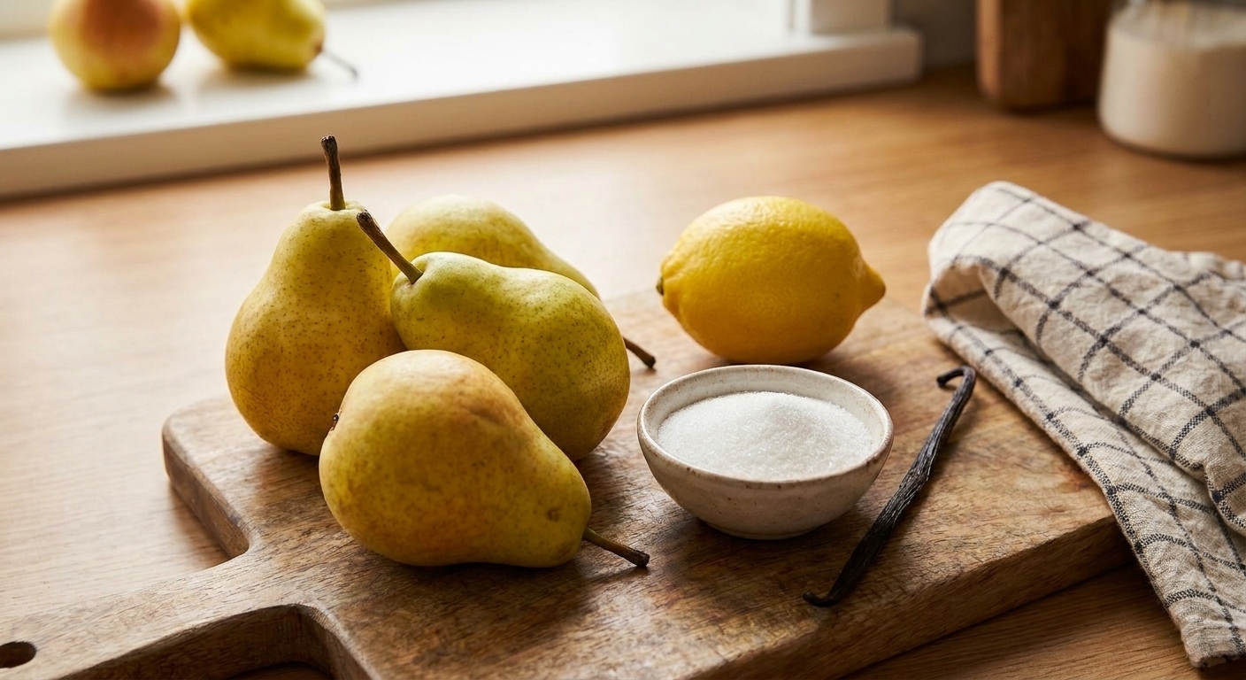 Whole ripe pears, a lemon, a bowl of sugar, and a vanilla bean on a tidy kitchen counter under warm natural light