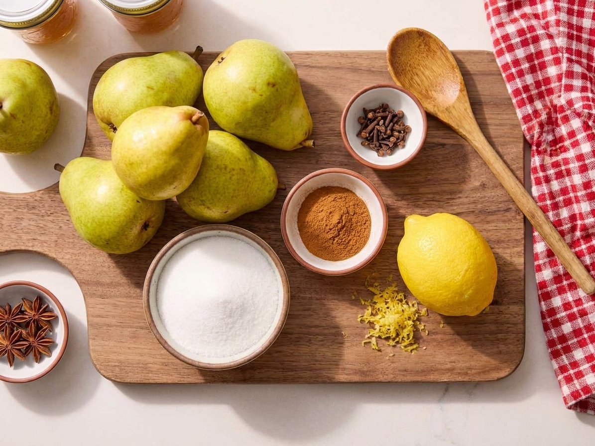 Whole ripe pears, ground cinnamon, granulated sugar, lemon, and small bowls of spices arranged on a bright kitchen counter