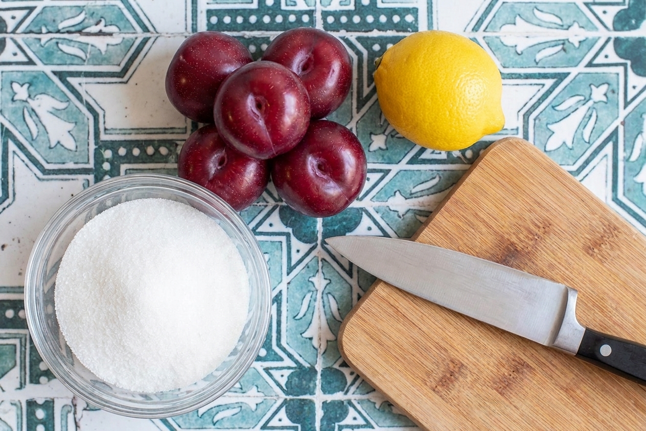 Whole ripe plums, a bowl of granulated sugar, and a lemon on a clean kitchen counter with a chef knife and cutting board ready