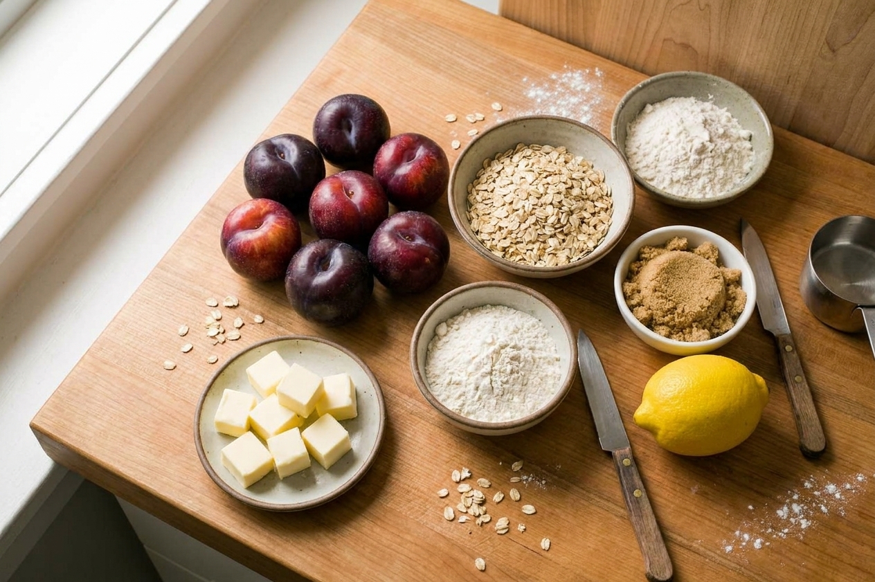 Whole ripe plums, rolled oats, flour, brown sugar, butter, and a lemon arranged on a light kitchen counter with soft natural window light