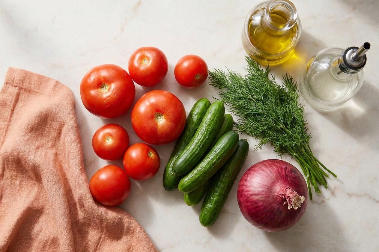 Whole ripe tomatoes, Persian cucumbers, fresh dill, red onion, olive oil, and vinegar arranged on a light stone counter