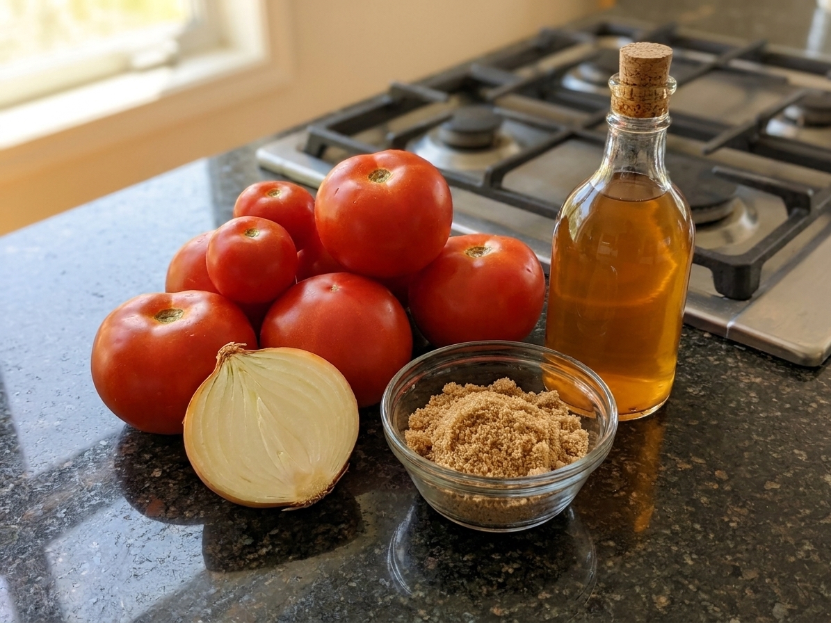 Whole ripe tomatoes, a halved yellow onion, a small bowl of brown sugar, and a bottle of apple cider vinegar arranged on a clean kitchen counter in warm natural light