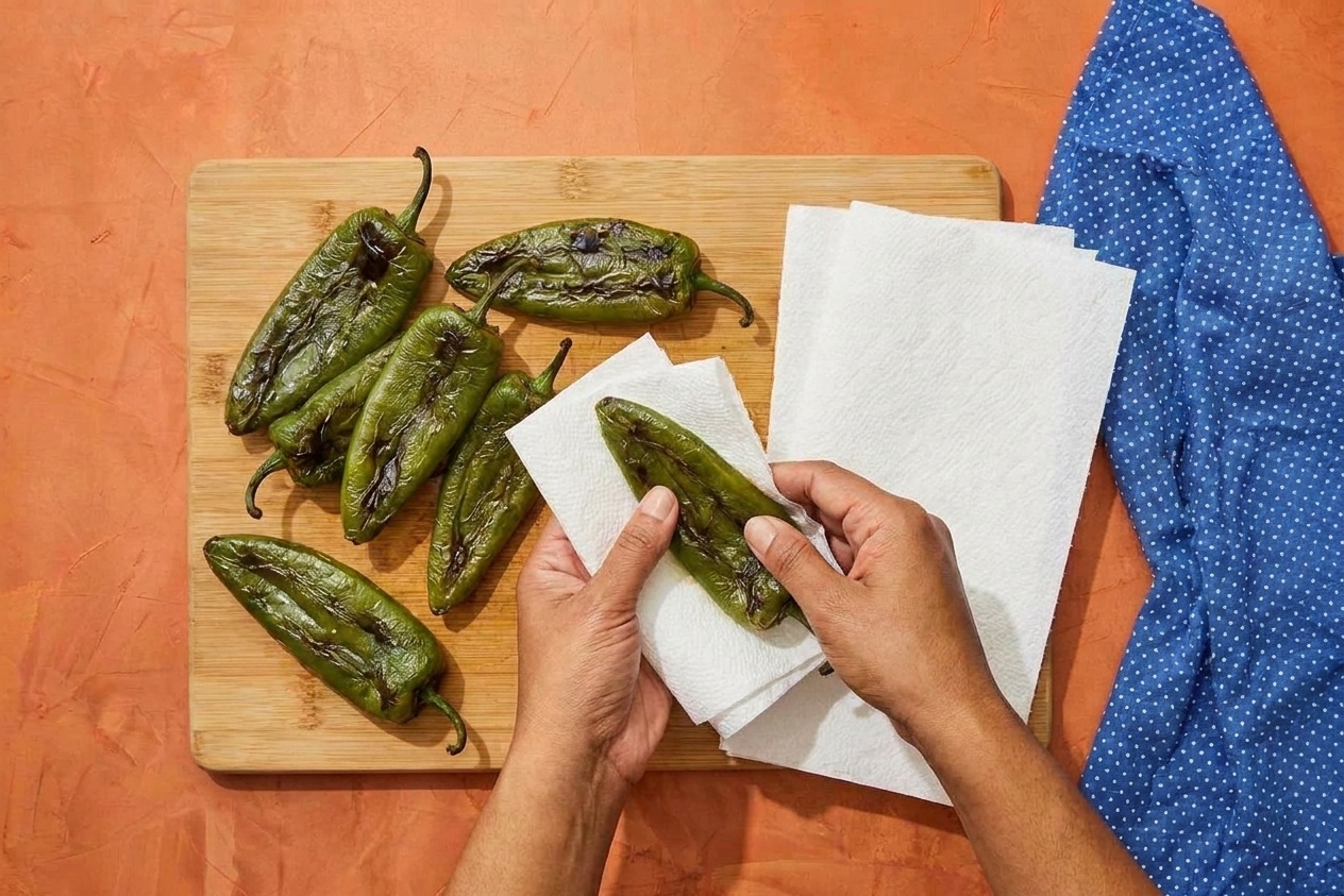 Whole roasted green chiles on a cutting board with paper towels nearby, ready to be patted dry before layering into a casserole