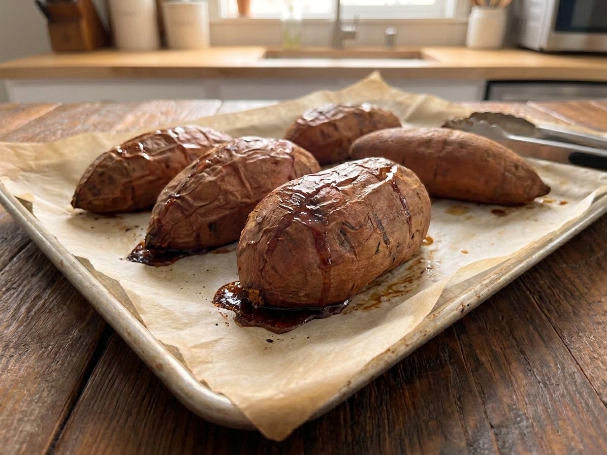 Whole roasted sweet potatoes on a parchment-lined baking sheet on a kitchen counter, skins wrinkled and caramelized