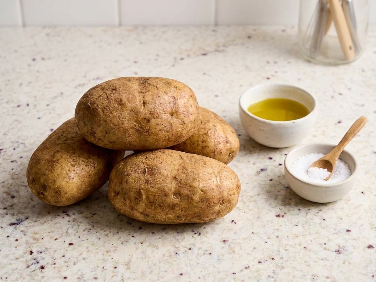 Whole russet potatoes, a small bowl of olive oil, and a pinch bowl of kosher salt arranged on a clean kitchen counter under warm light