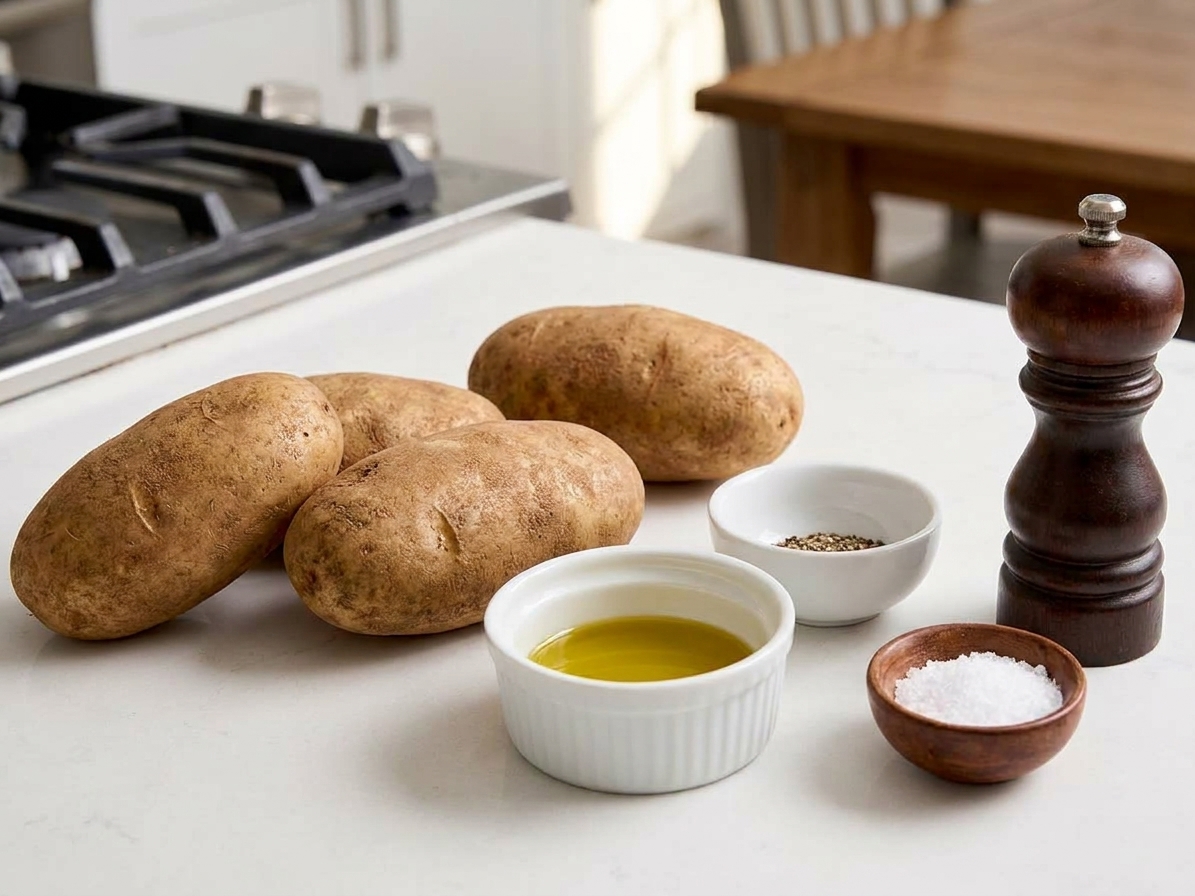 Whole russet potatoes, a small bowl of olive oil, kosher salt, and a pepper grinder on a clean kitchen counter with warm natural light