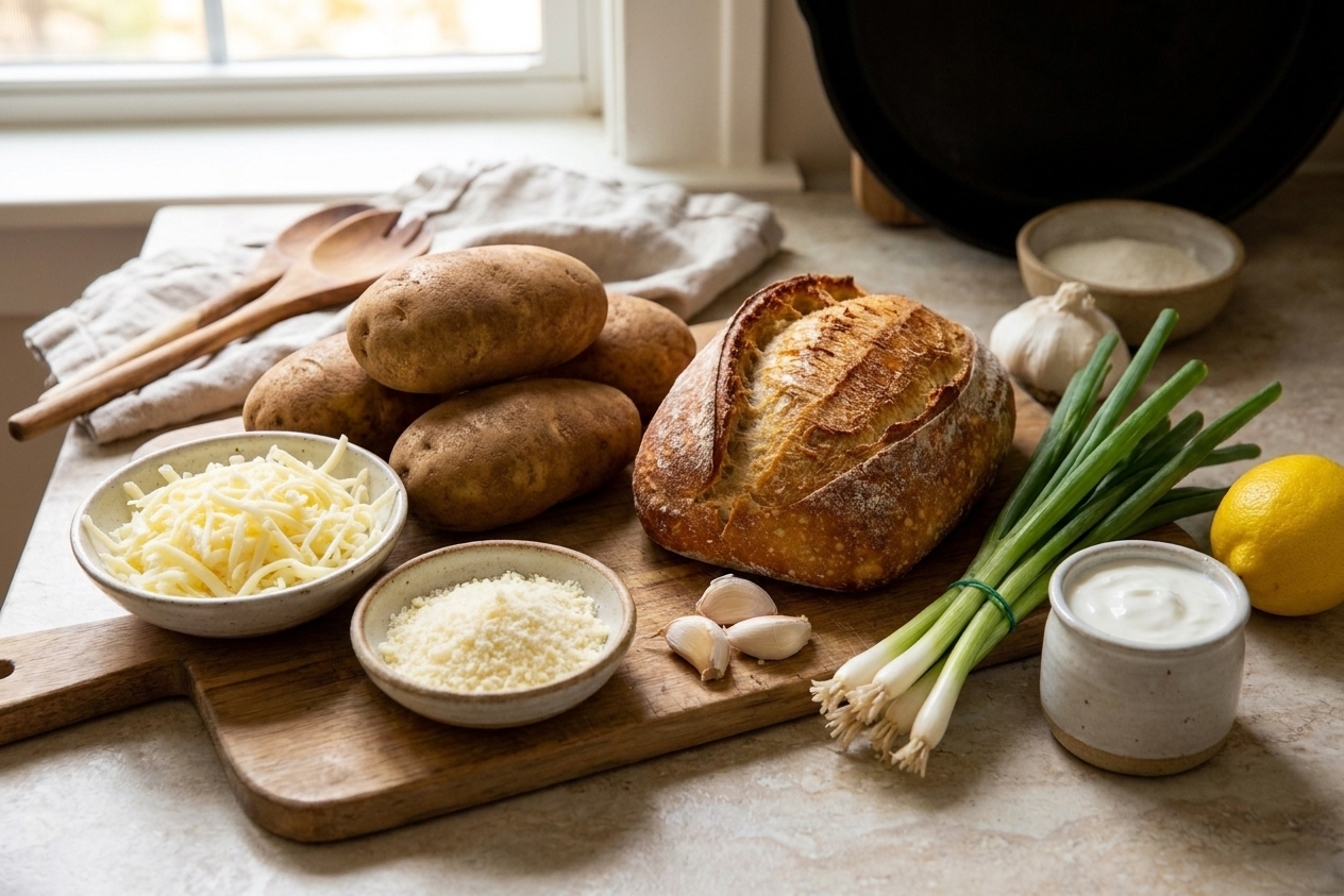 Whole russet potatoes, a small loaf of sourdough, shredded mozzarella, grated Parmesan, scallions, lemon, garlic, and yogurt arranged on a clean kitchen counter