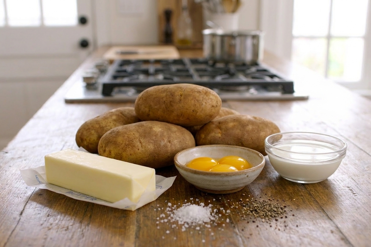 Whole russet potatoes, a stick of butter, egg yolks, salt, pepper, and a small bowl of milk on a kitchen counter